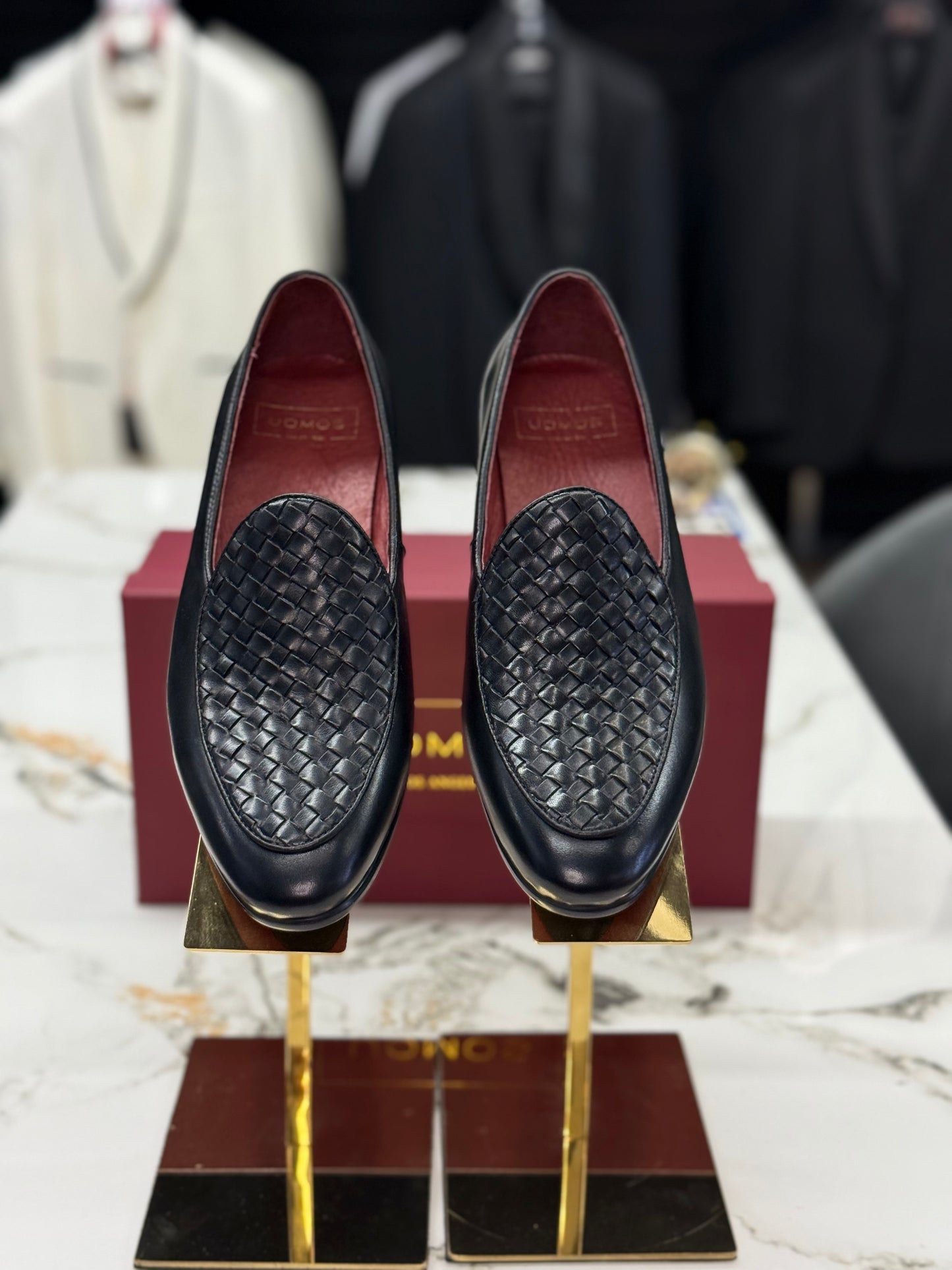 UOMOS Black leather knitted top loafers