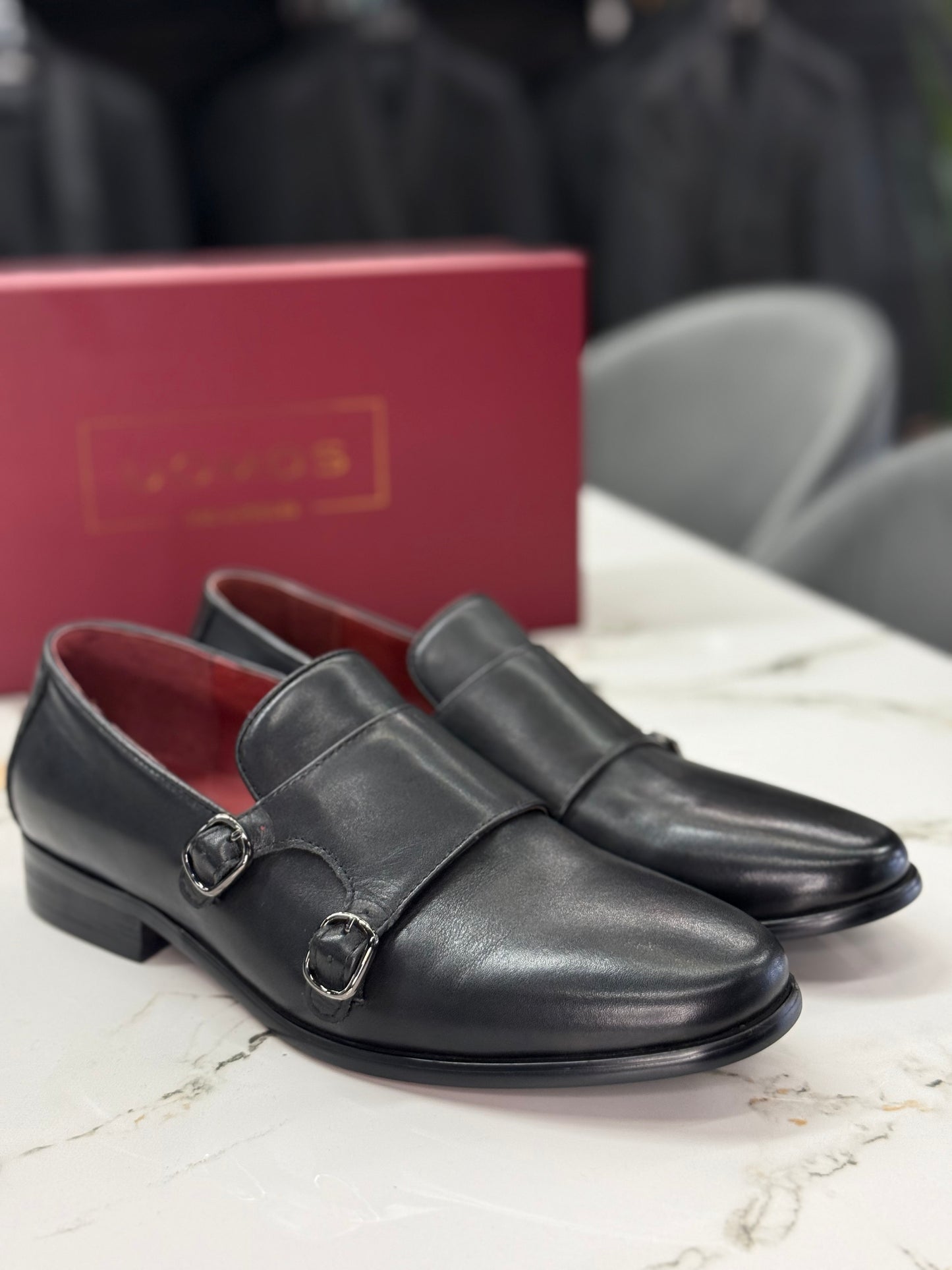 UOMOS black leather double monk loafers