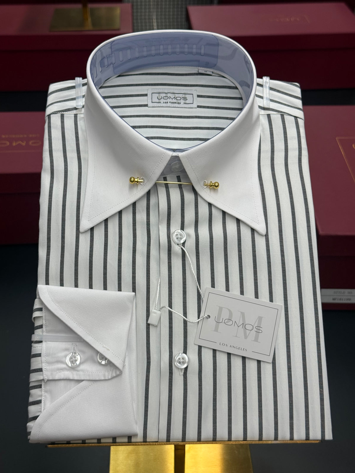 White & Black Stripe Point Pin Collar Shirt with Neapolitan Cuffs