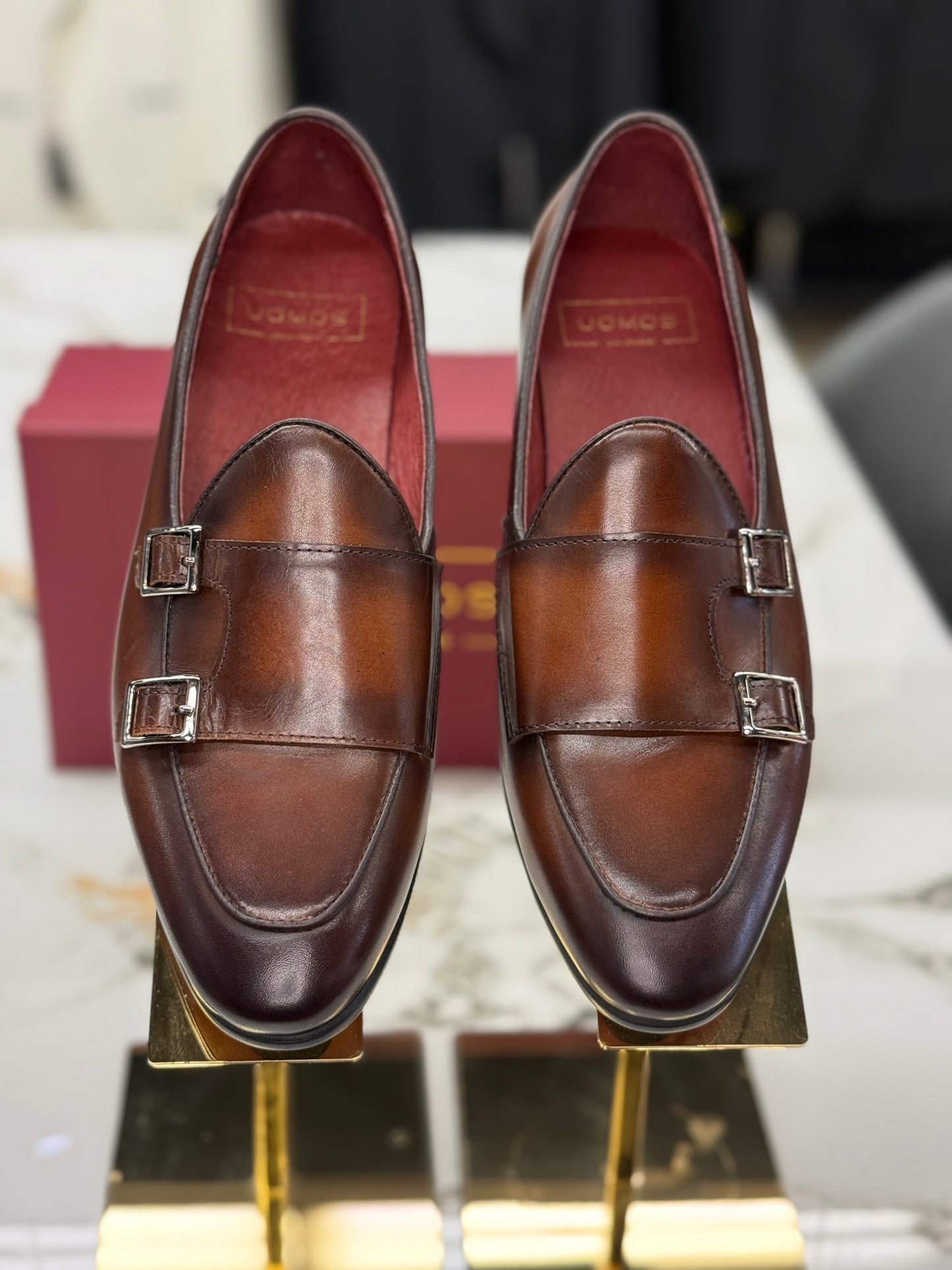 UOMOS brown leather double monk loafers