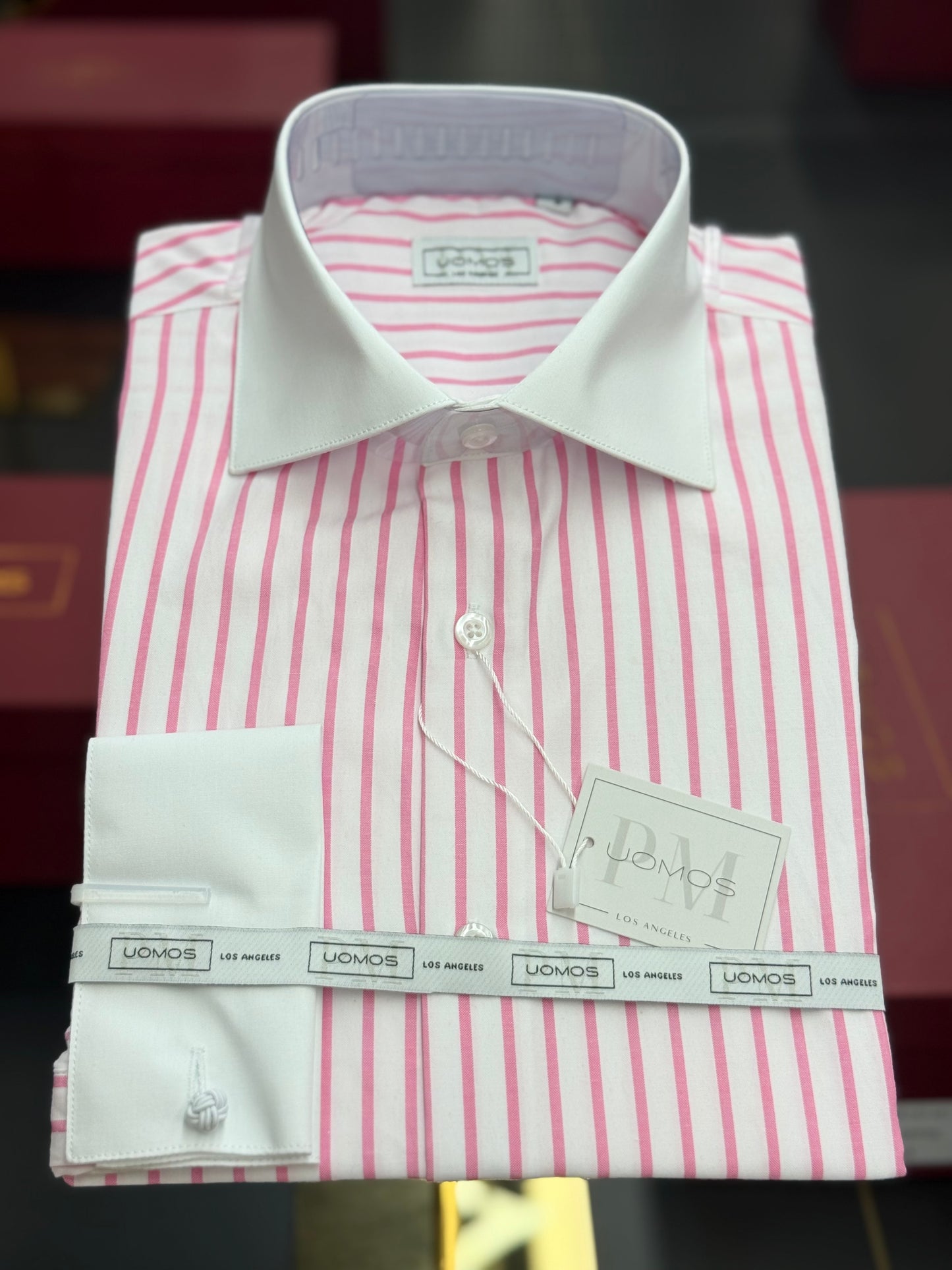 White spread collar / Pink striped cotton shirt slim