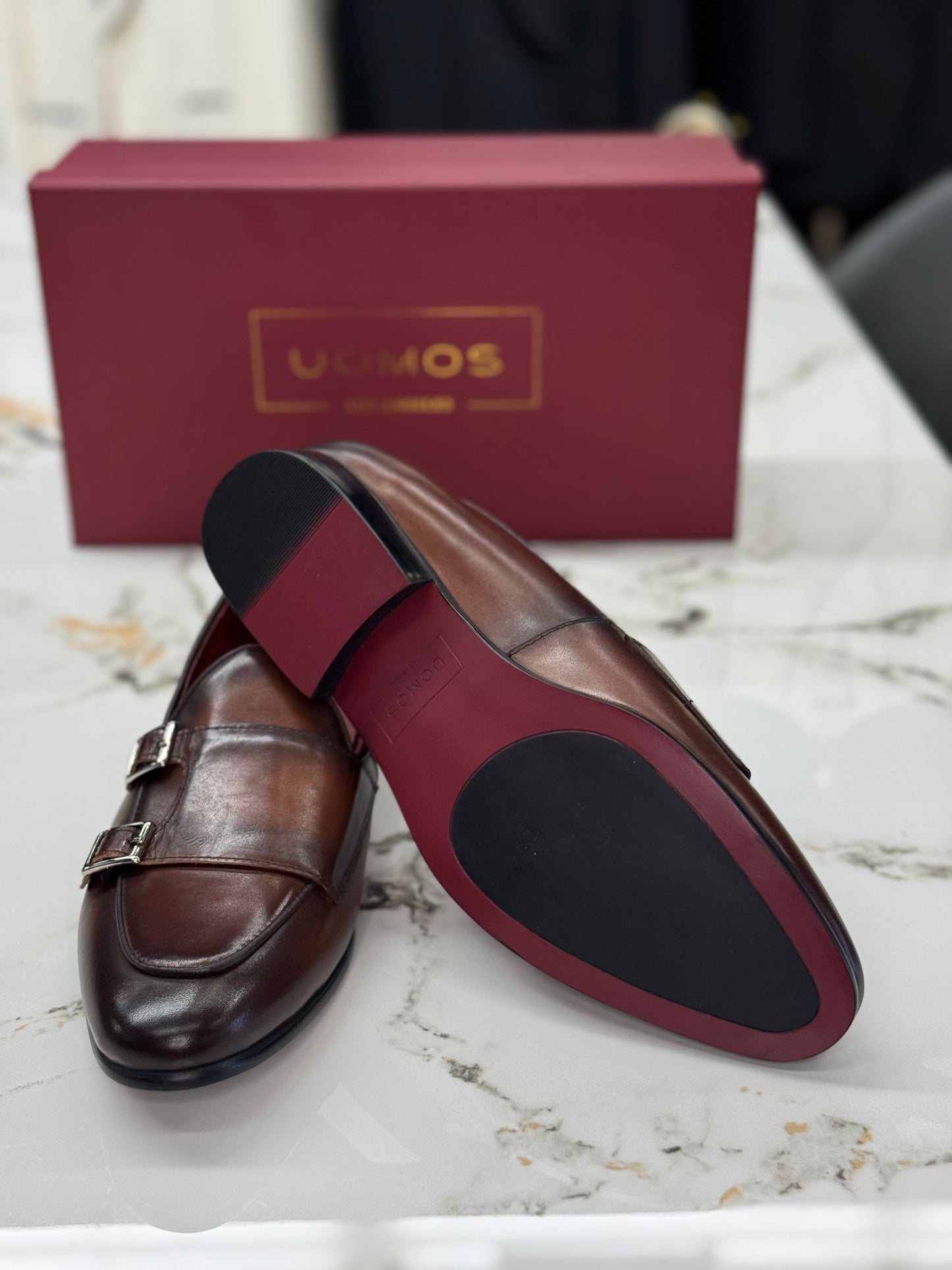 UOMOS brown leather double monk loafers
