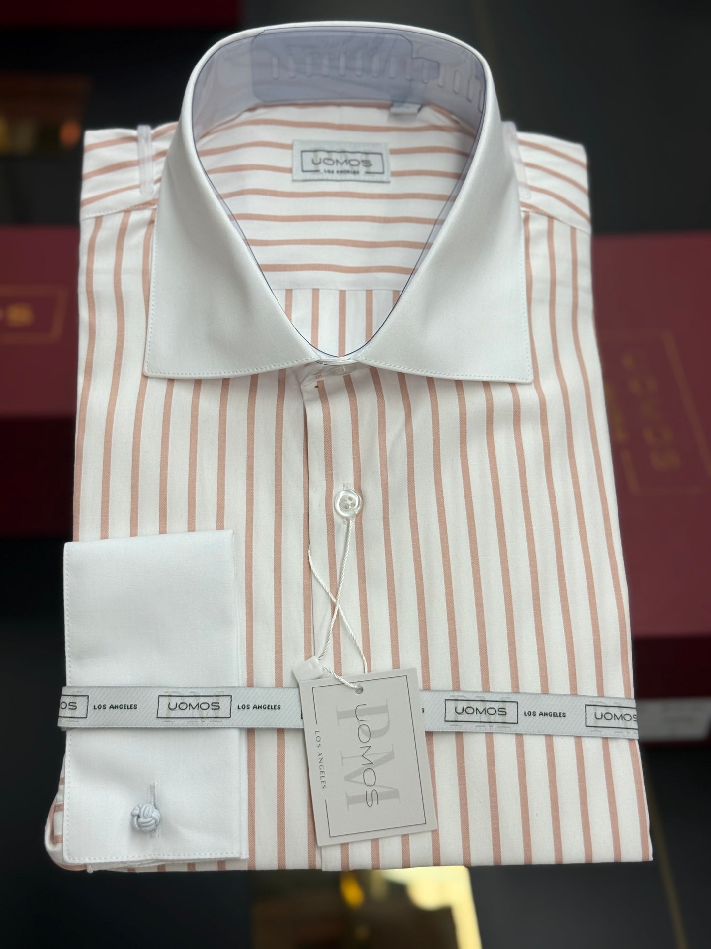 White spread collar / Nude striped cotton shirt slim