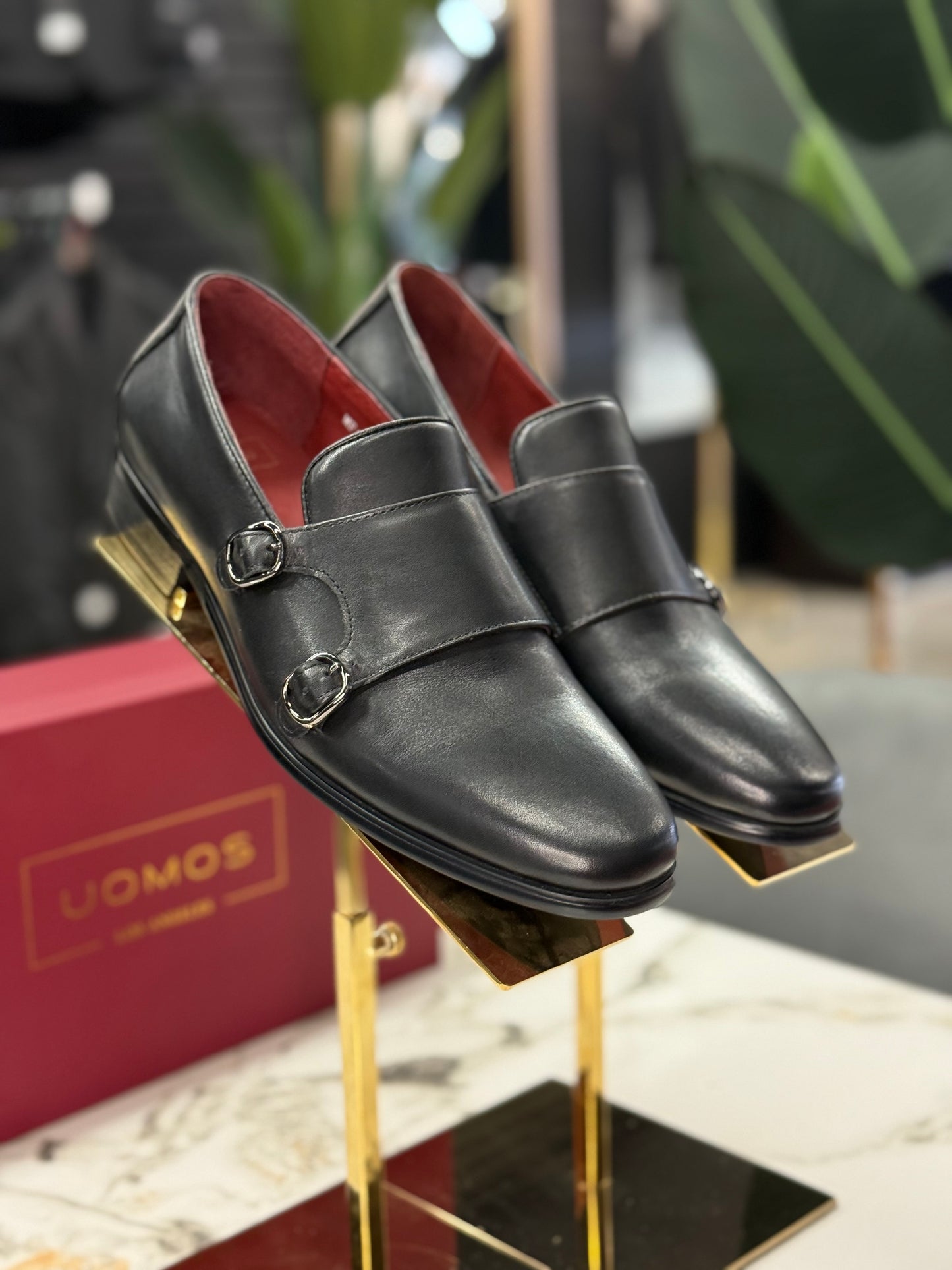 UOMOS black leather double monk loafers