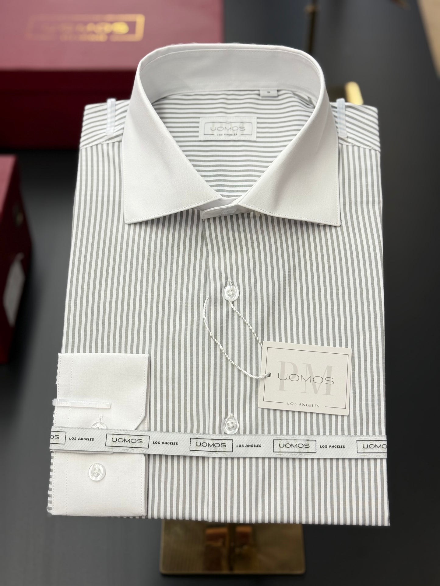 Silver Grey Stripe Contrast White Collar Shirt