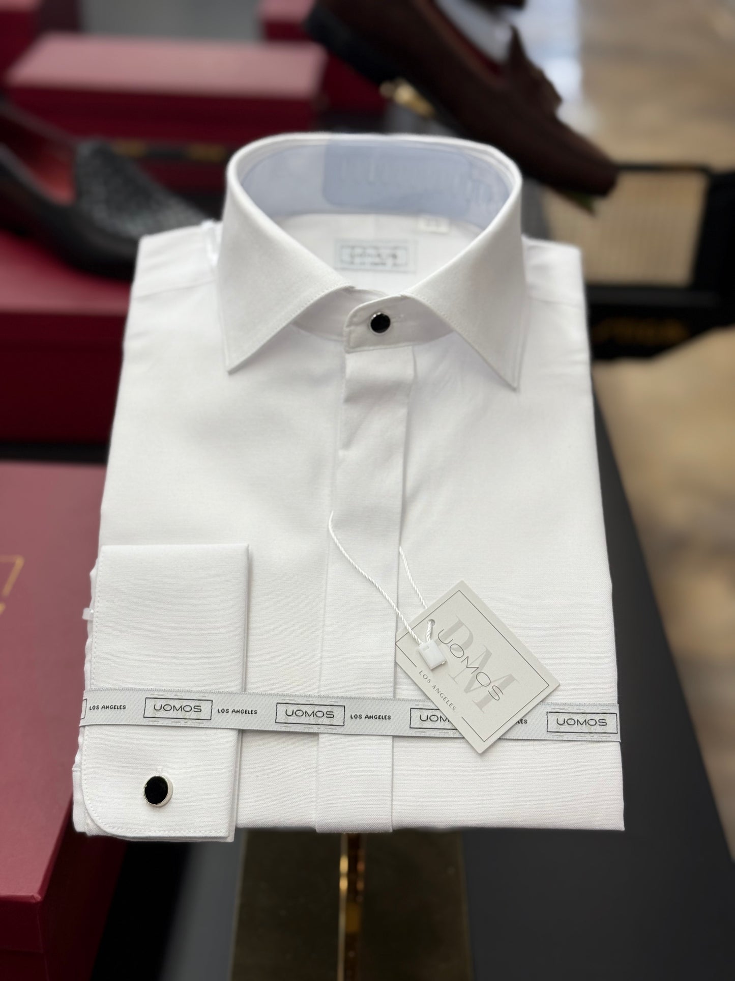 White cotton tuxedo shirt placket slim fit covered buttons