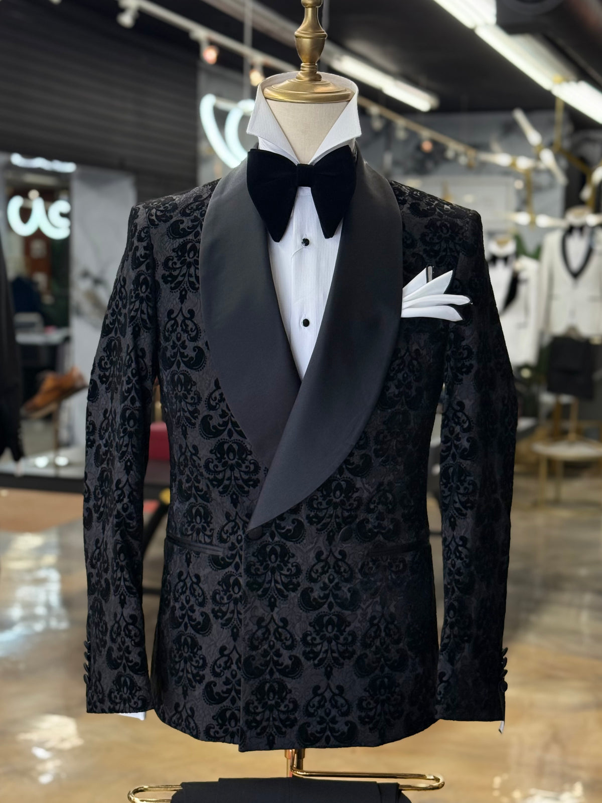 Black Damask Jacquard Tuxedo with Satin Shawl Lapel