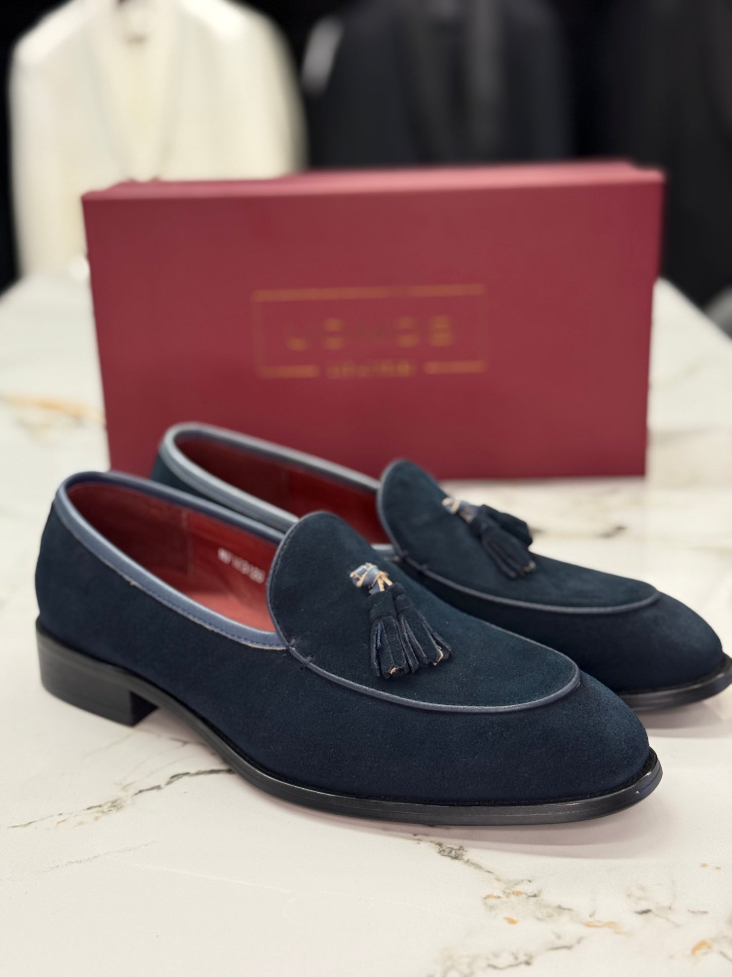 UOMOS Navy blue suede tassel loafers