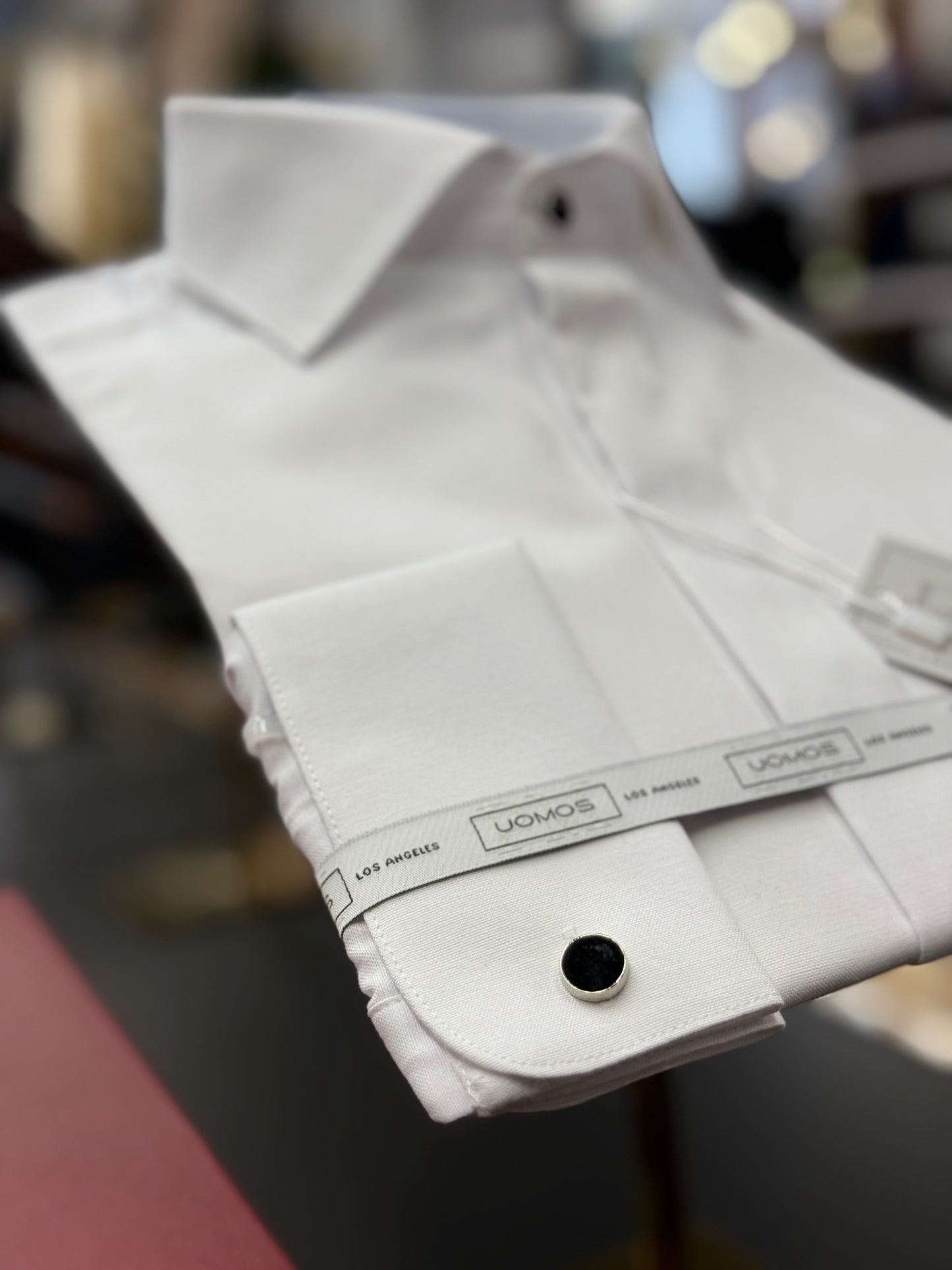 White cotton tuxedo shirt placket slim fit covered buttons