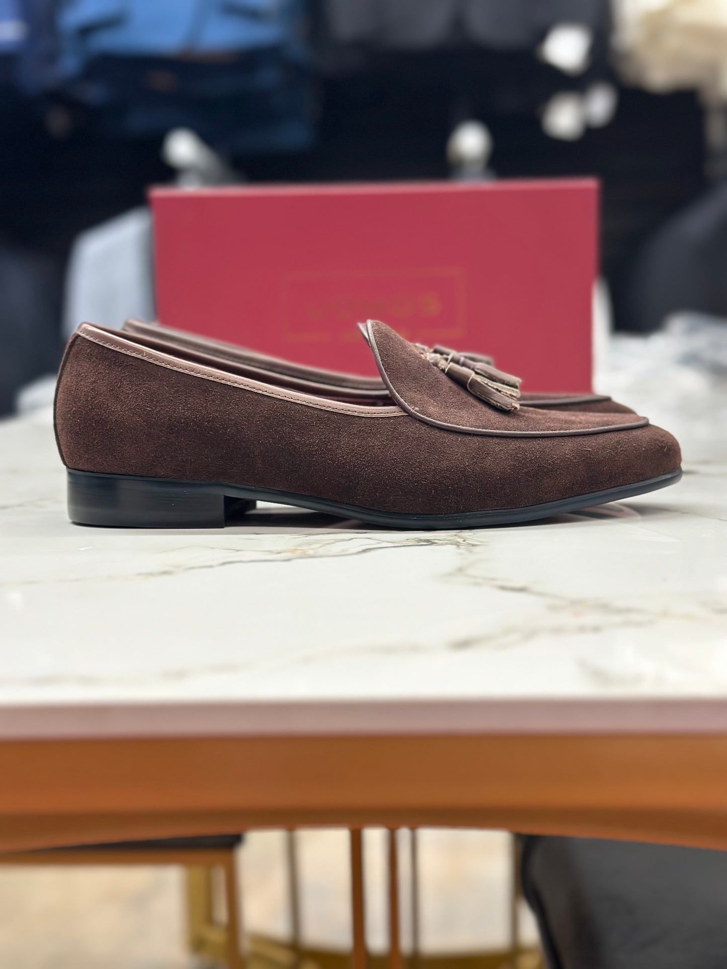 UOMOS brown suede tassel loafers
