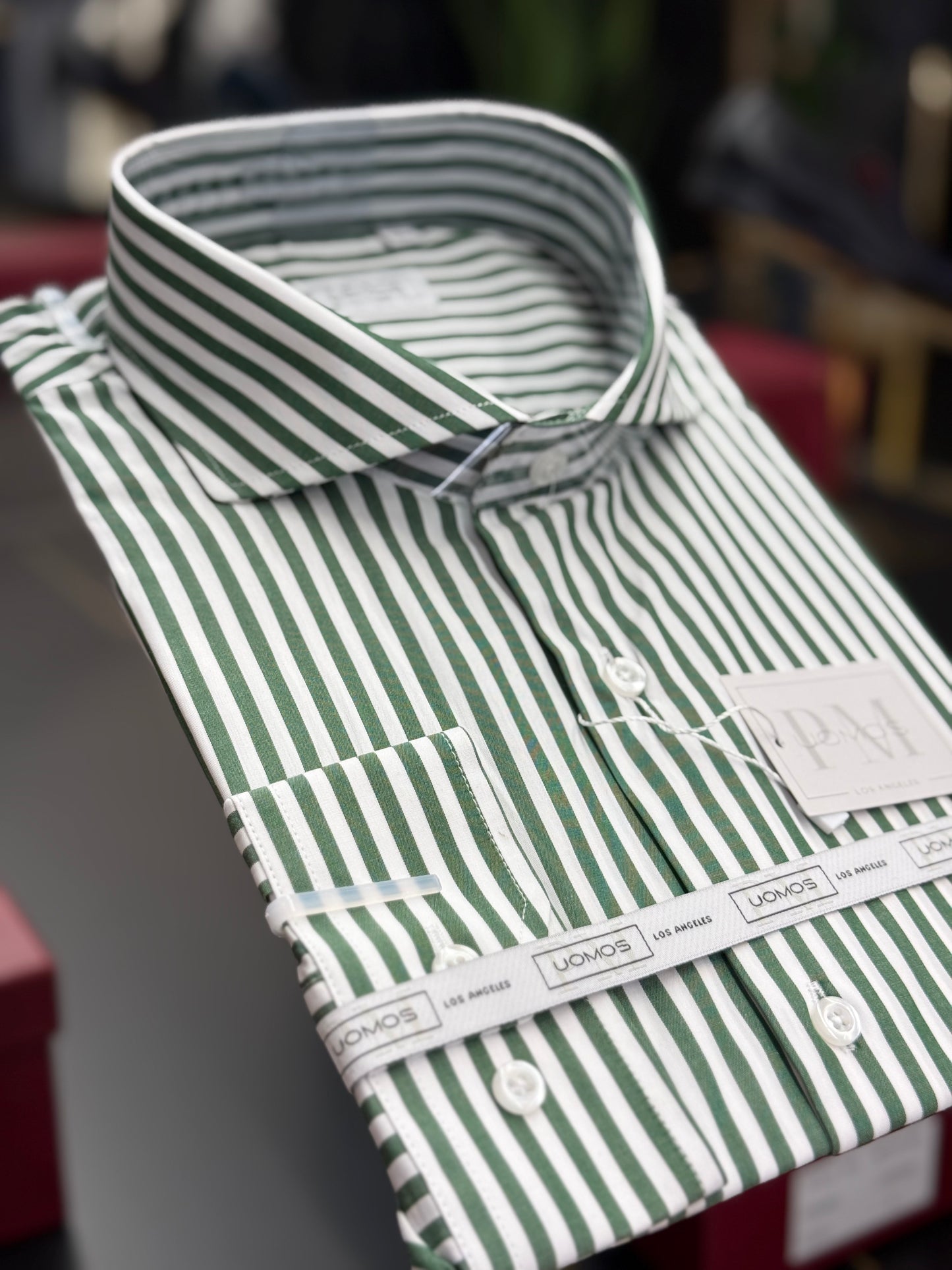White and hunter green striped cut-away cotton shirt slim