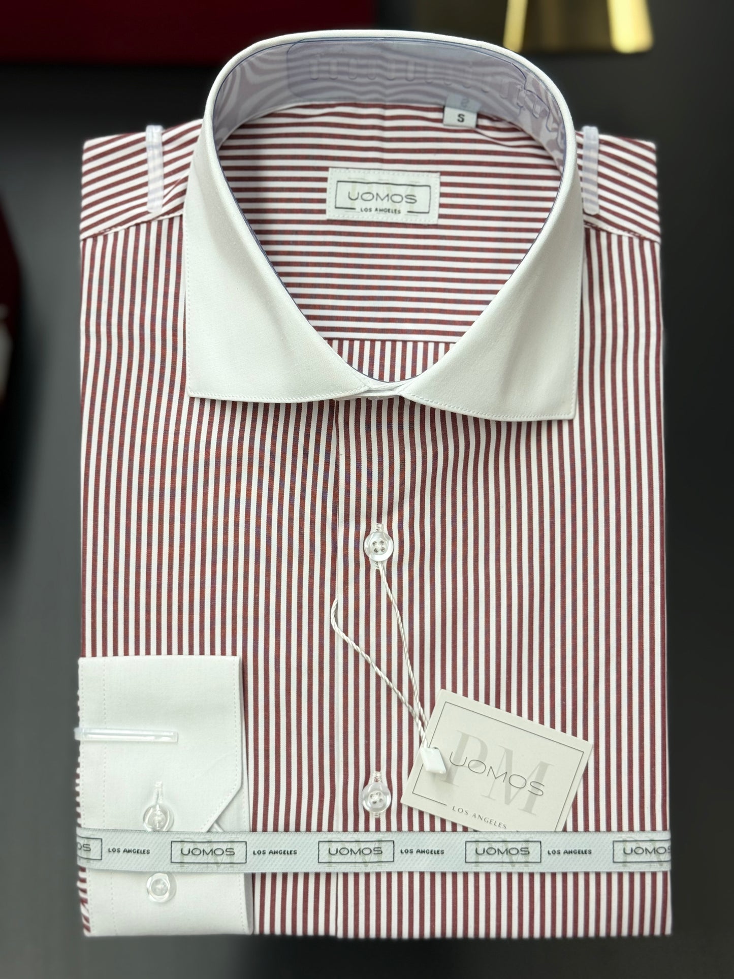 Burgundy Stripe Contrast White Collar Shirt