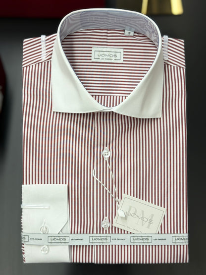 Burgundy Stripe Contrast White Collar Shirt