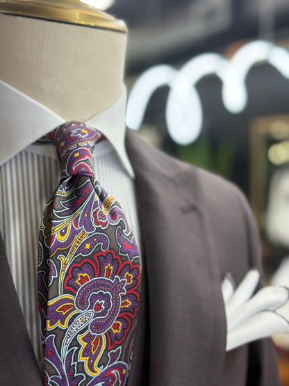 Necktie Bold Paisley Purple pattern with charcoal, red, gold, and ivory
