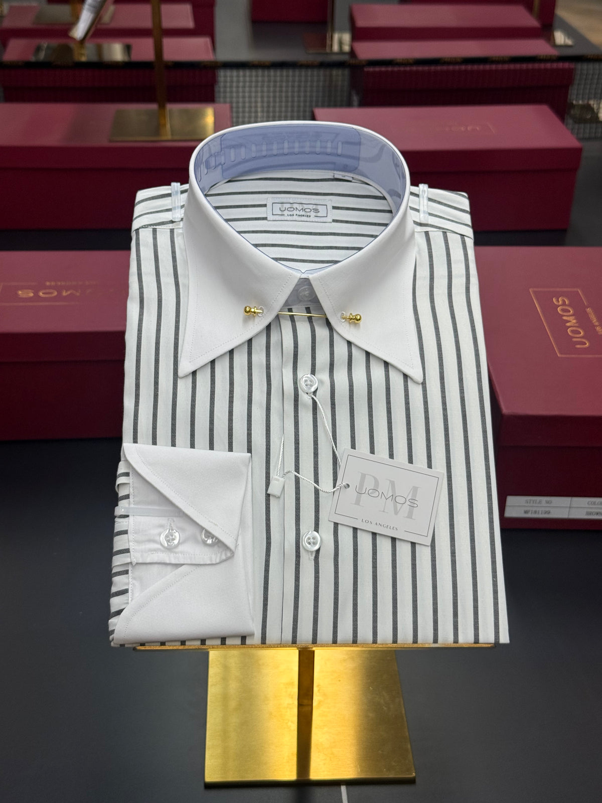 White & Black Stripe Point Pin Collar Shirt with Neapolitan Cuffs