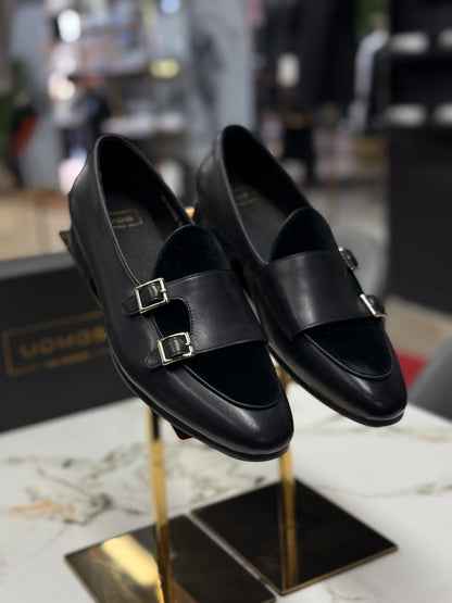 Uomos Black Leather double monk velvet loafers