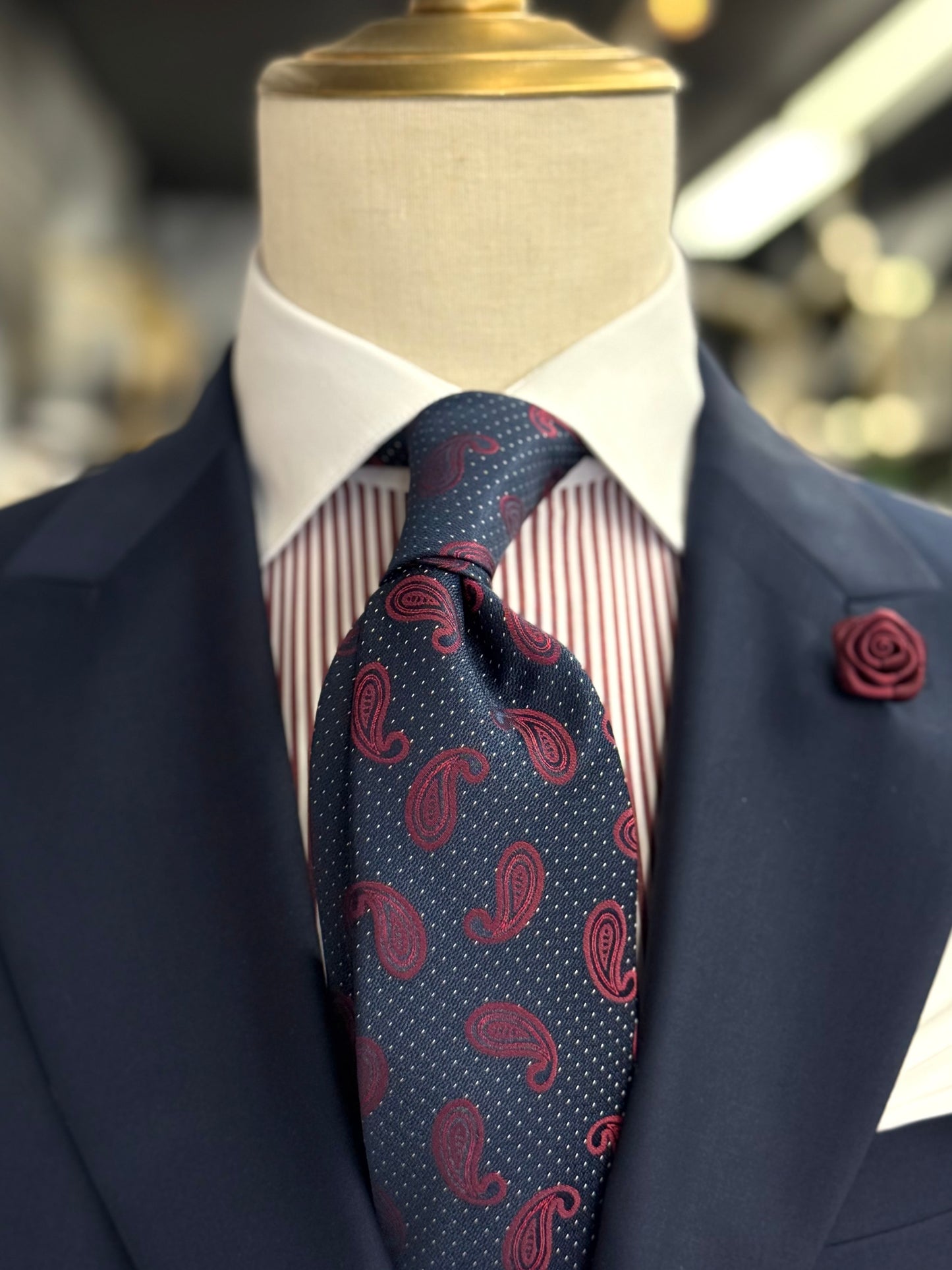 Necktie Midnight Blue Micro Polla dots White and Burgundy Paisley