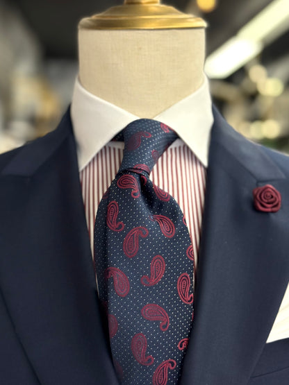 Necktie Midnight Blue Micro Polla dots White and Burgundy Paisley
