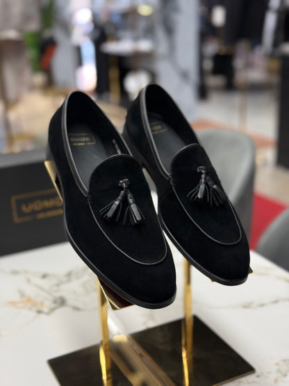UOMOS Black blue suede tassel loafers