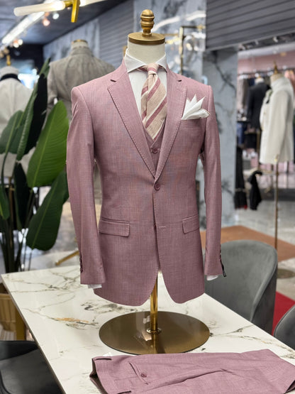 Rose Pink Textured Three Pieces Vested Suit