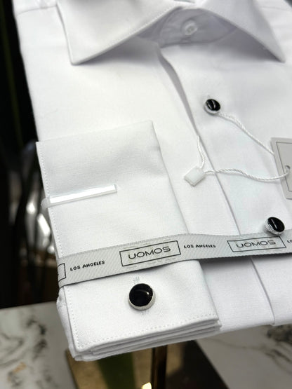 Tuxedo White shirt, tuxedo buttons, spread collar, french cuffs.
