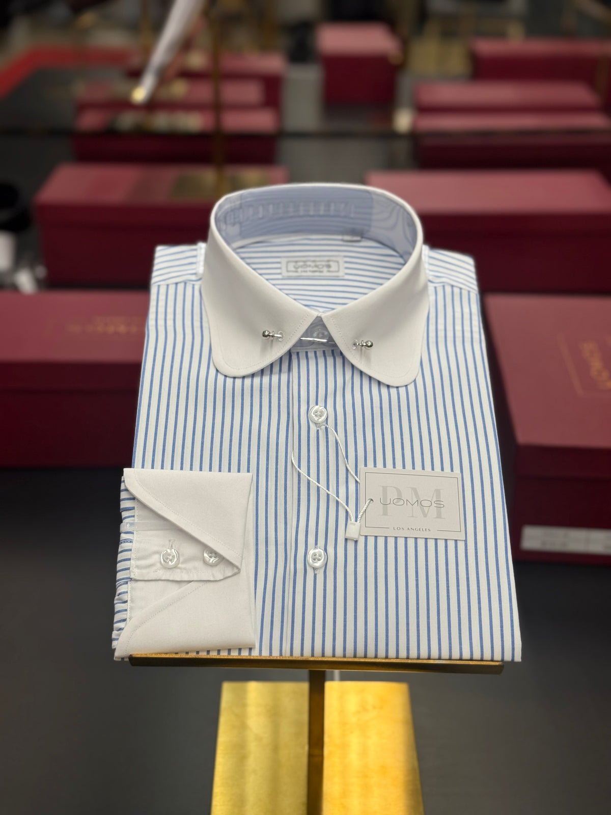 White & Blue Stripe Club Pin Collar Shirt with Neapolitan Cuffs