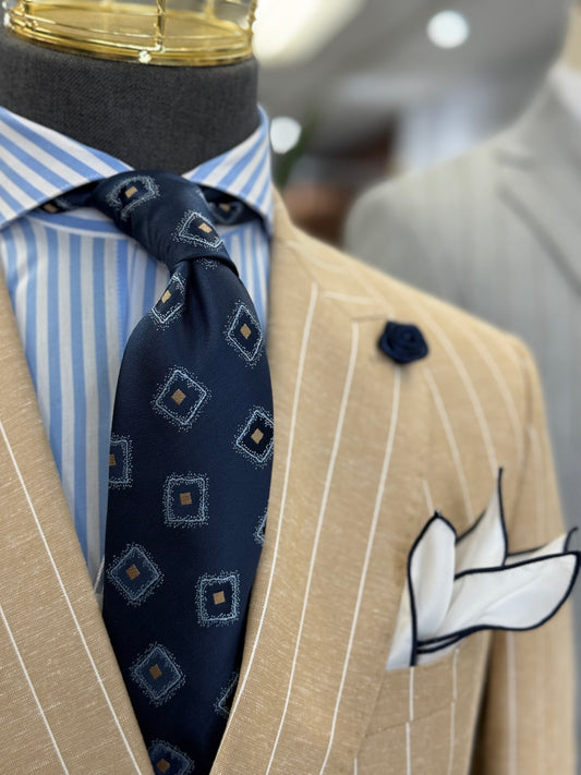 (Necktie Navy blue medallion in Beige and powder blue