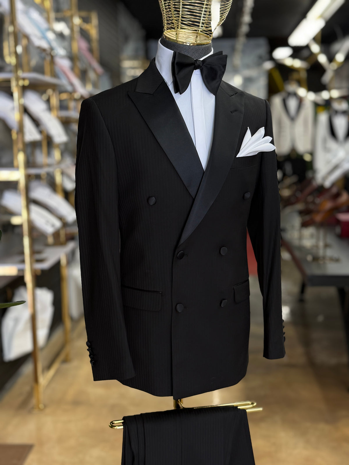 Black Peak Lapel Tone-on-Tone Stripe Double-Breasted Tuxedo