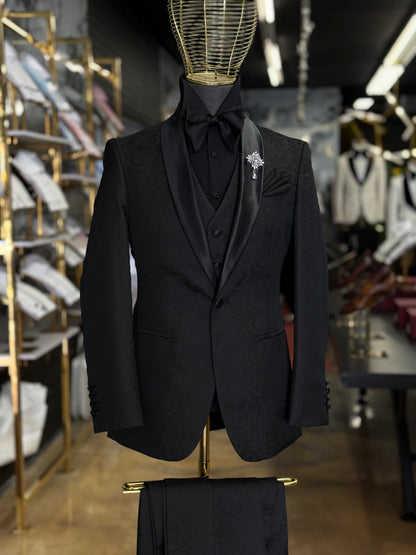 Black on Black Tonal Floral Shawl Lapel Black Tuxedo