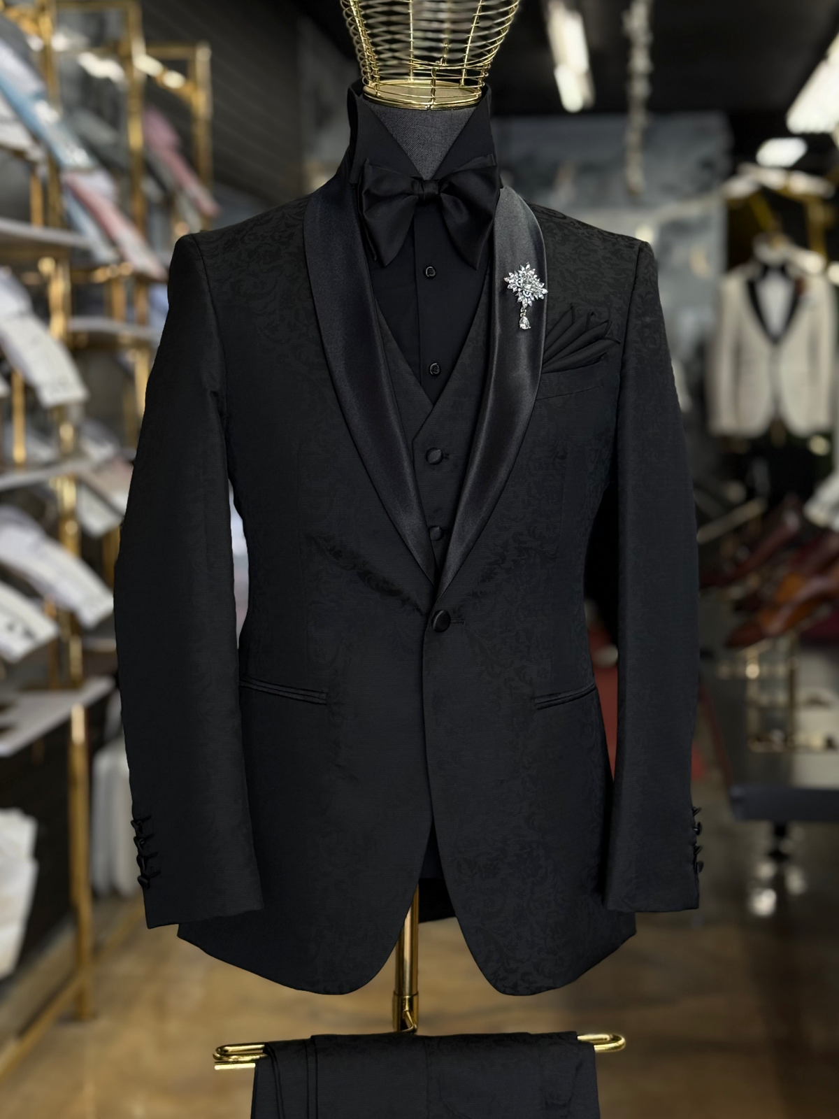 Black on Black Tonal Floral Shawl Lapel Black Tuxedo