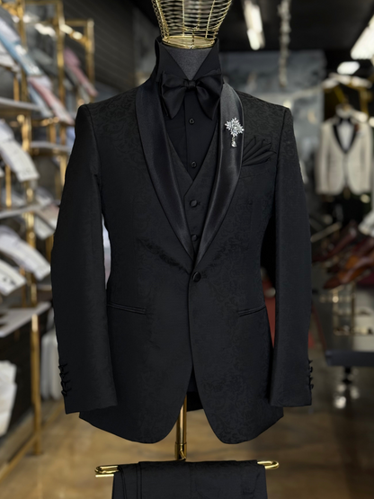 Black on Black Tonal Floral Shawl Lapel Black Tuxedo