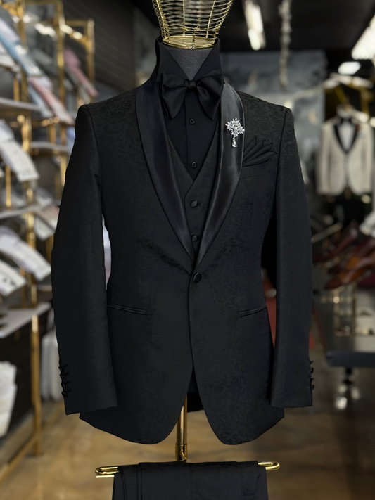 Black on Black Tonal Floral Shawl Lapel Black Tuxedo