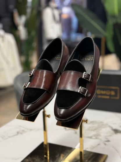 Uomos Brown Bordeaux Leather double monk velvet loafers