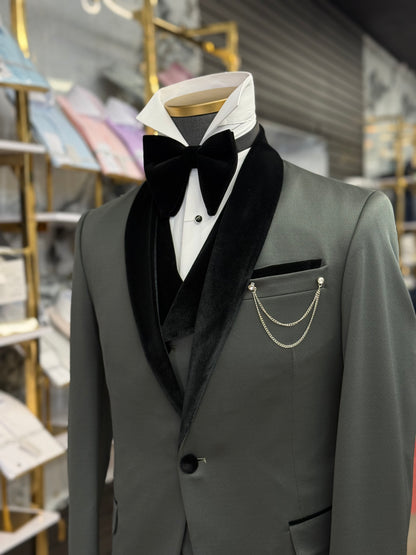 Olive Green Shawl Lapel Velvet Edition