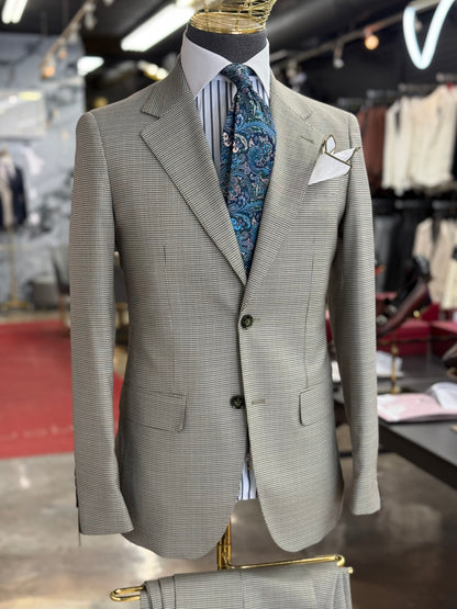 Sage Olive Green Micro Houndstooth Wide Notch Lapel Two Pieces Suit