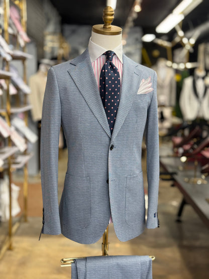 Light Blue Micro Houndstooth Wide Notch Lapel Two Pieces Patch Pockets Suit