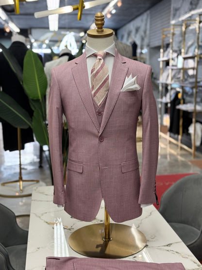 Rose Pink Textured Three Pieces Vested Suit