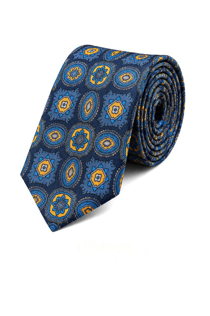 Necktie Slate Blue and Gold Azure Medallion