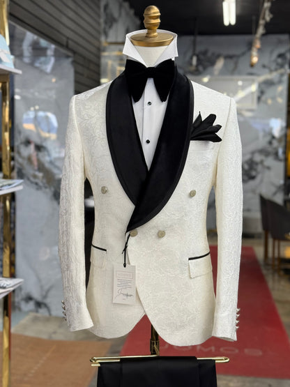Off White Ivory Shawl Lapel Velvet Edition
