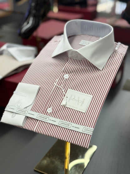 Burgundy Stripe Contrast White Collar Shirt
