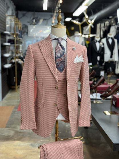 Vermilion Red Micro Houndstooth Wide Peak Lapel Suit