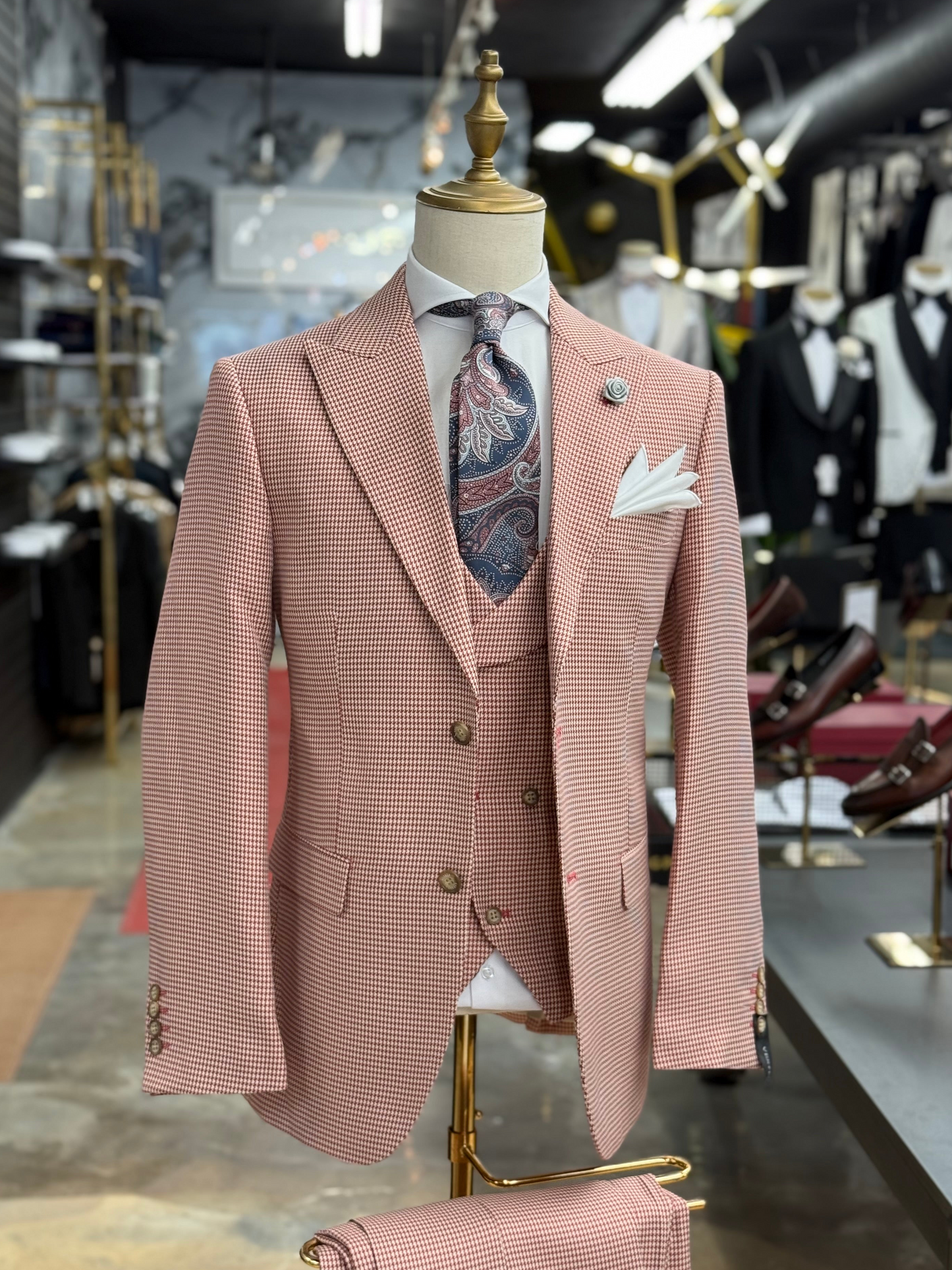Vermilion Red Micro Houndstooth Wide Peak Lapel Suit