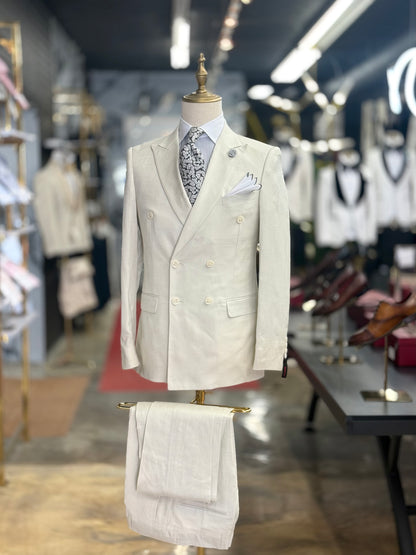 Off White Double-Breasted Suit 100% Linen