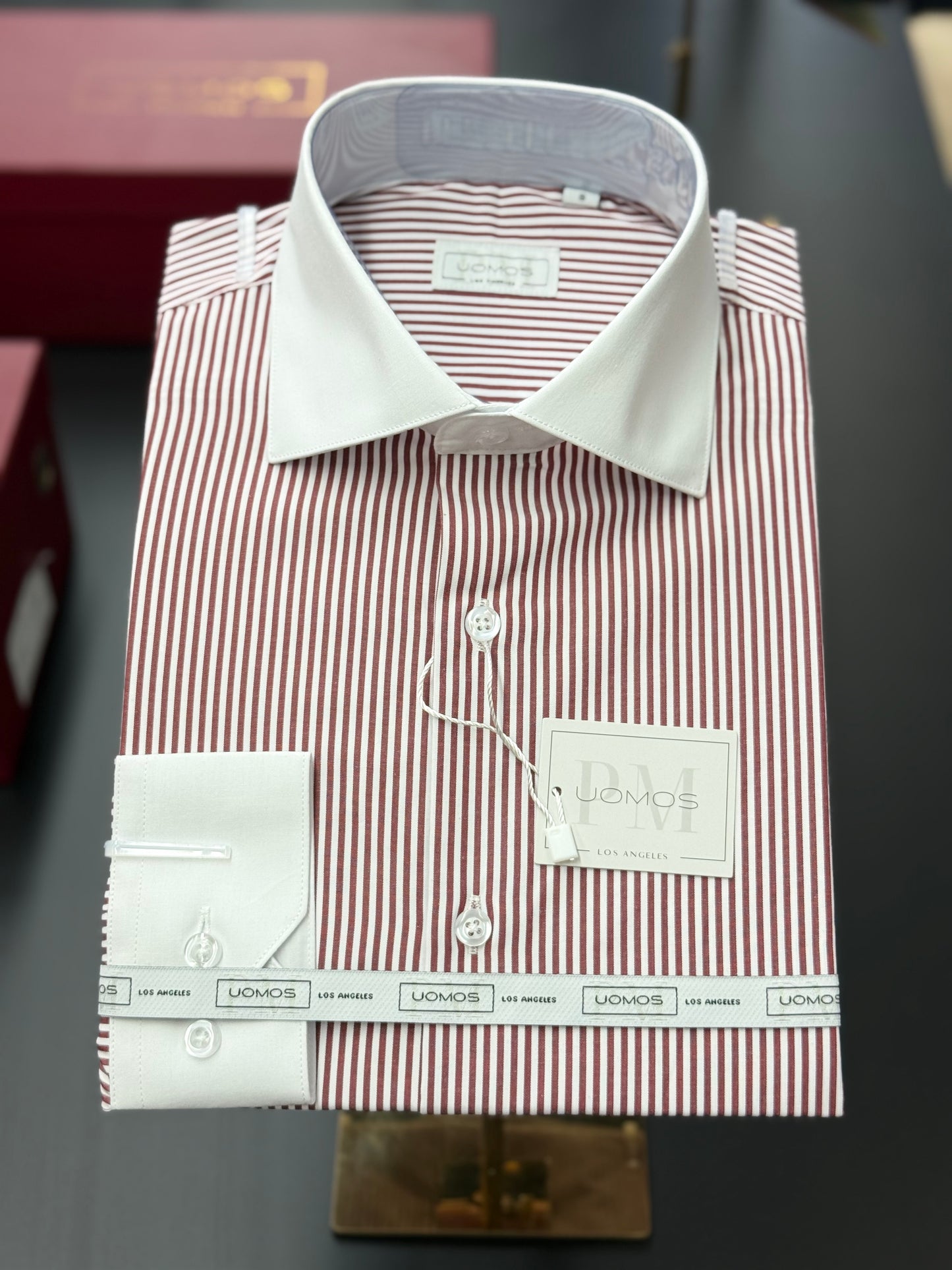Burgundy Stripe Contrast White Collar Shirt