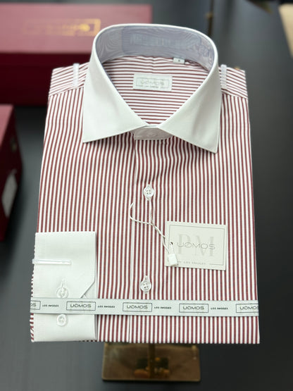 Burgundy Stripe Contrast White Collar Shirt