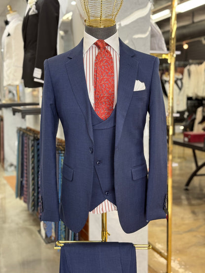 Blue Three Pieces Vested Suit
