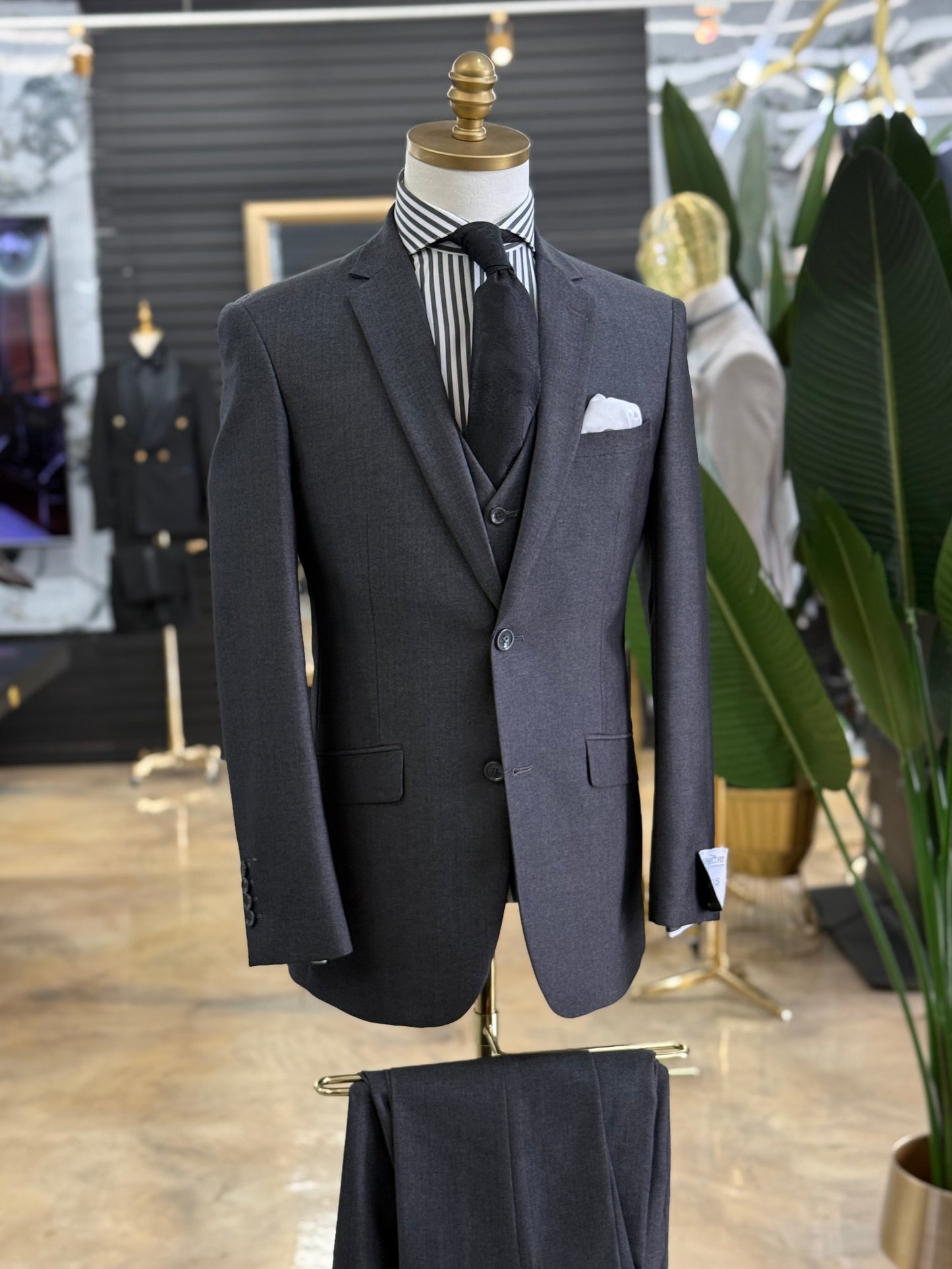 Charcoal Natural Sheen Three Pieces Vested Suit