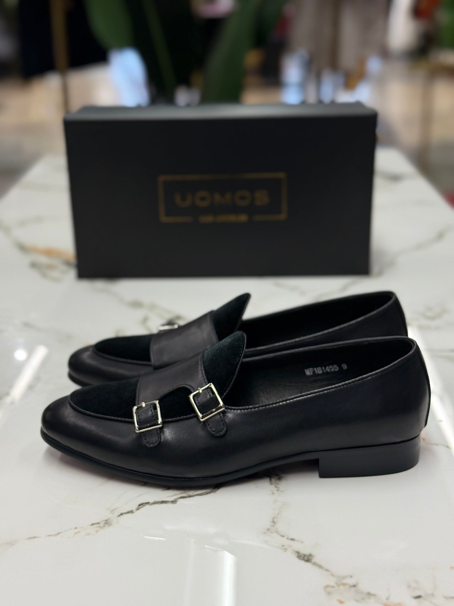 Uomos Black Leather double monk velvet loafers