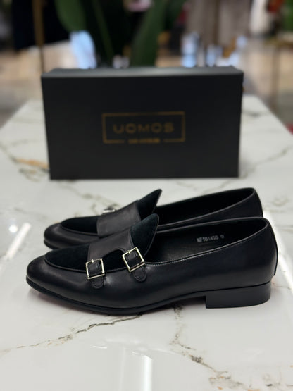 Uomos Black Leather double monk velvet loafers
