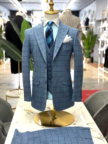 Plaid Flannel L Blue Three Pieces Vested Suit